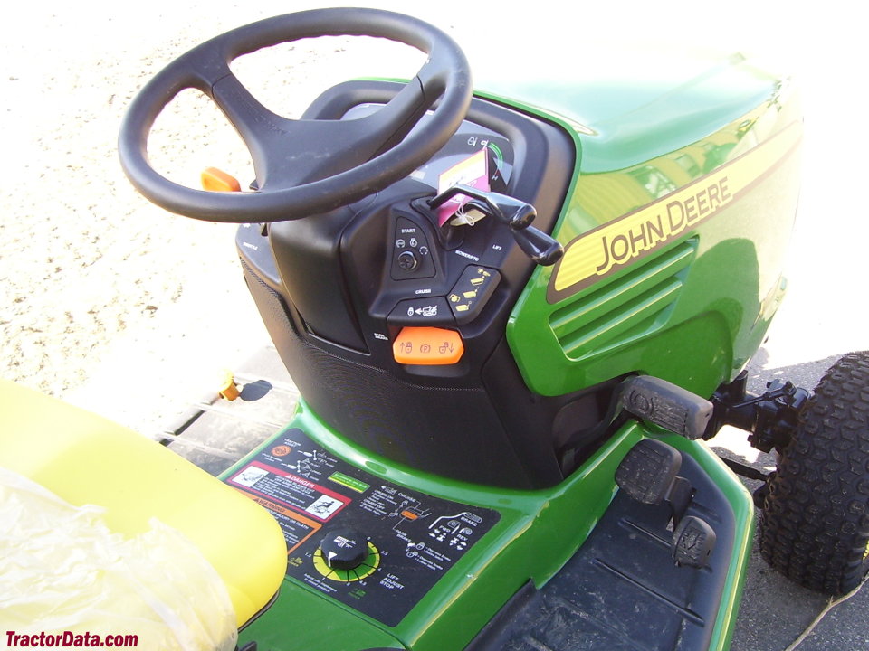 John Deere X728 operator station and controls.