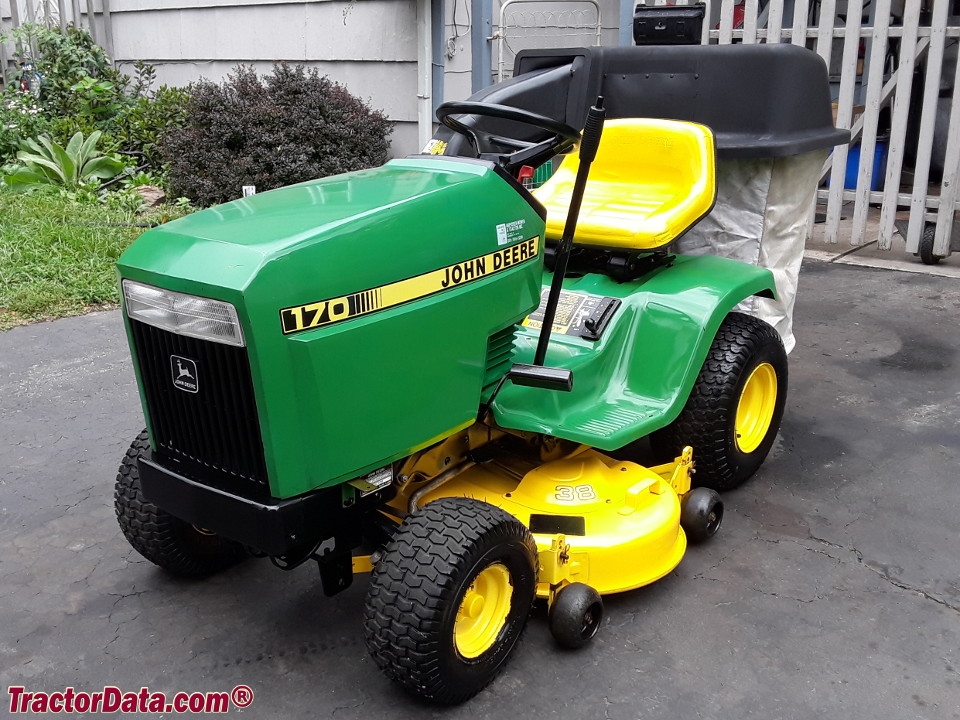 John Deere 170 with mower deck, left side.