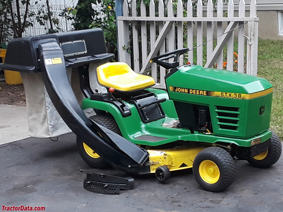 John Deere STX38 (yellow-deck) with bagger.