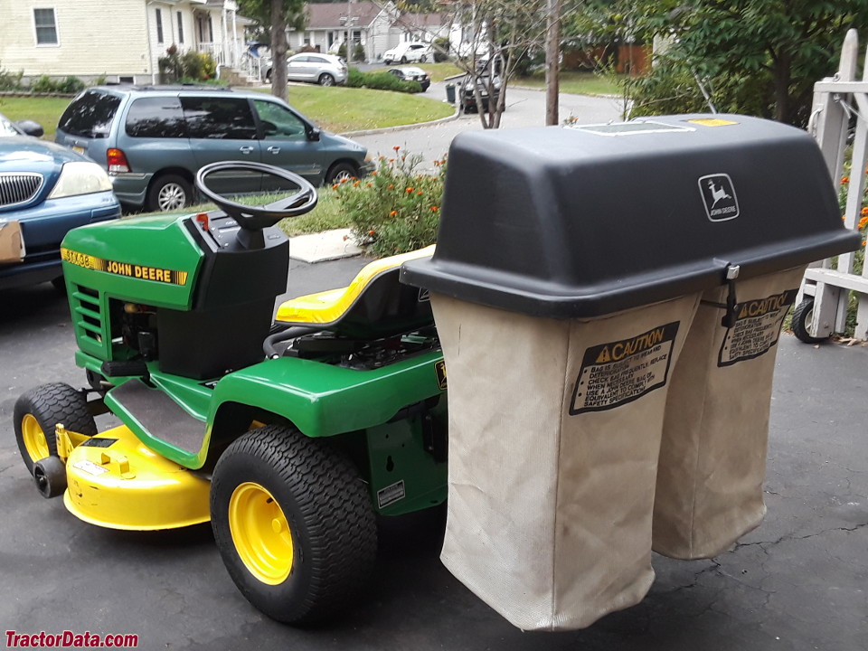 John Deere STX38 (yellow-deck) with bagger.