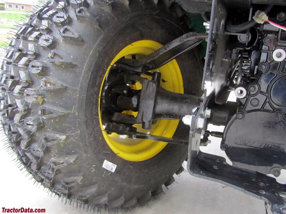 Detail of the John Deere X739 steerable rear wheel.
