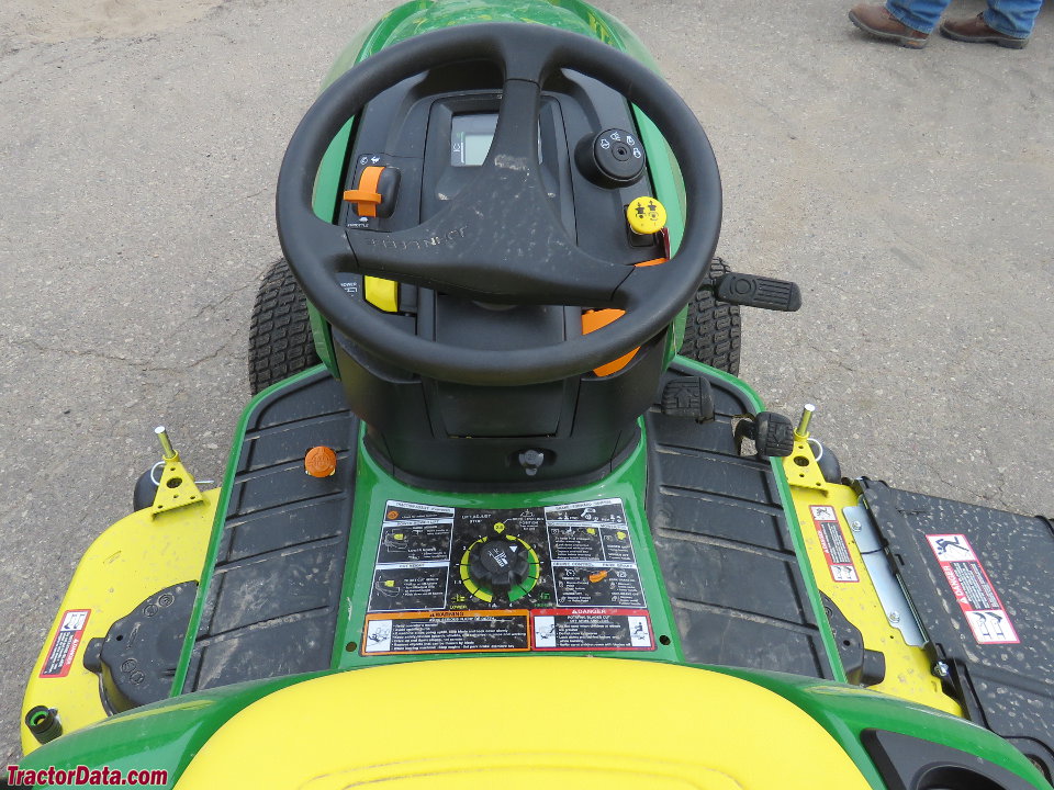 John Deere X590 operator station and controls.