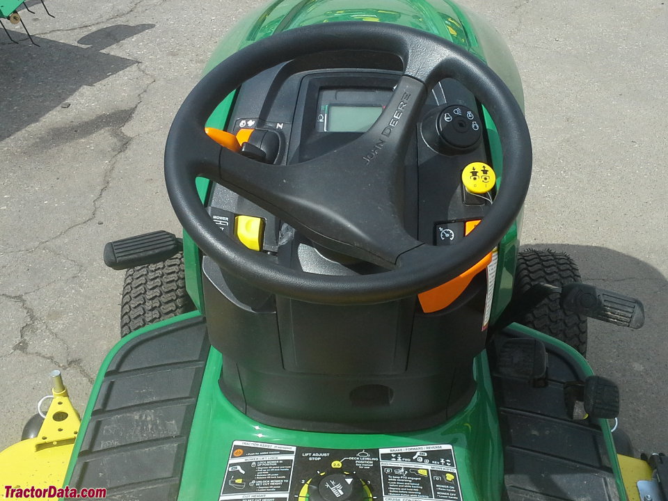 John Deere X384 operator station and controls.