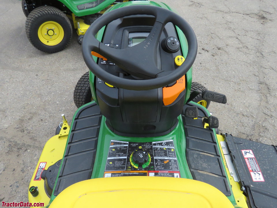 John Deere X394 operator station and controls.