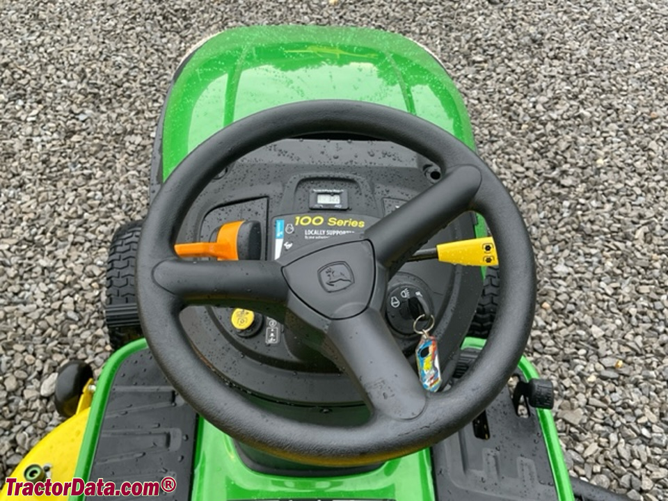 John Deere E110 operator station and controls.