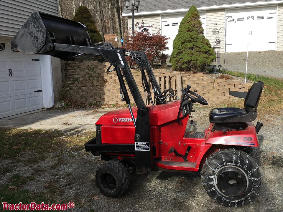 Troy-Bilt GTX 20 with front-end loader, left side.